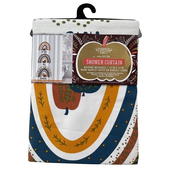 Pumpkin Party SHOWER CURTAIN Harvest Rainbow “Be Kind & Grateful” Curtain NWT - Picture 2 of 5